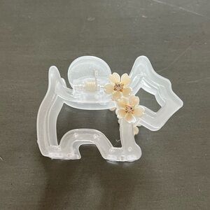 White Dog Shaped Puppy Mother Pearl Flower Rhinestone 3" Lobster Claw Hair Clip